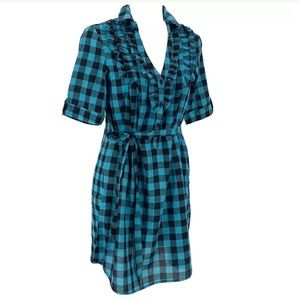 VINTAGE 90’s Dress S/S Plaid Tuxedo Ruffle: SZ. M